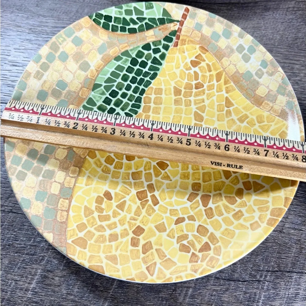 Pier One mosaic fruit plates‎ stoneware 8” apple pear plum orange